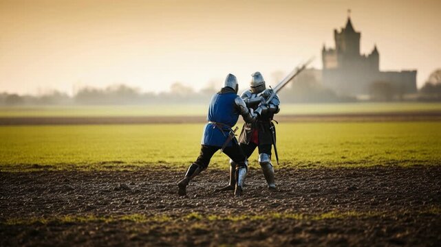 Two men knights in full medieval armor engaging in a sword fighting duel on a field with a castle in the background, historical reenactment