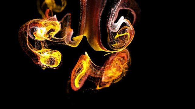 Beautiful effect of glow yellow red orange particles in liquid stream, like effect ink dissolve in water. Abstract animation background of luminous particles. Luma matte as alpha channel.