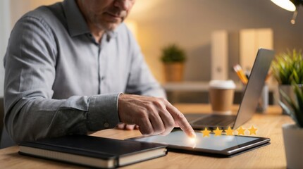 Man giving five star review on tablet in modern office