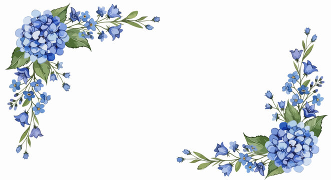 Watercolor style blue hydrangea and bellflower floral corner borders with green leaves isolated on white background