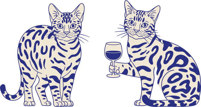Blue and white spotted Bengal cat characters holding wine glasses in a toast set of elegant feline vector illustrations for luxury pet branding