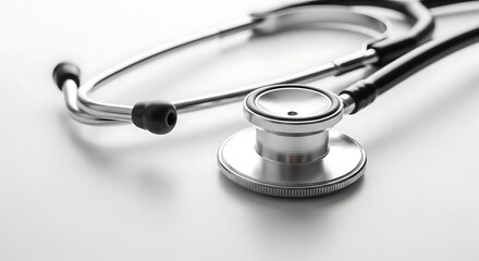 Close-up of stethoscope on white surface with minimal composition and soft shadow. High resolution medical stock photo for healthcare, diagnosis, and clinical concepts.
