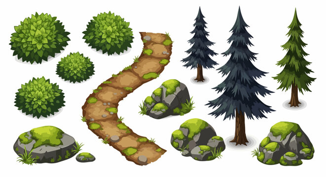 Nature landscape game asset collection. Includes mossy rocks, green bushes, pine trees, and winding dirt path elements. Created in cartoon style with natural green and brown palette.