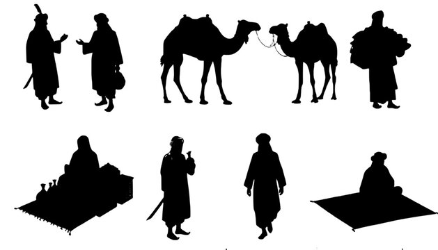 Bedouin silhouettes set with camels and traditional desert figures
