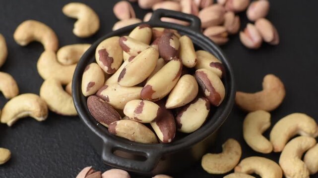 Brazil nuts, raw and shelled, are a source of selenium and a healthy food ingredient. Brazil nuts as a food background for your design