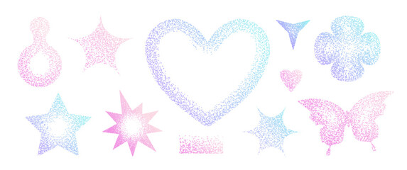 Gradient stipple noise vector set with holographic heart, star, butterfly and cloud shapes on white. Trendy Y2K dotwork symbols with pink and blue ombre effect for social media and creative design. © LanaSham