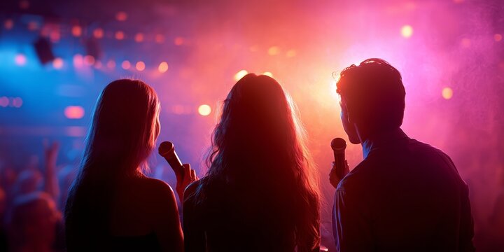 Three people stand on stage holding microphones as colorful lights shine during an event