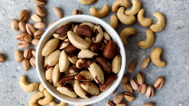 Brazil nuts, raw and shelled, are a source of selenium and a healthy food ingredient. Brazil nuts as a food background for your design