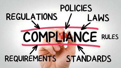 Hand writing compliance concept with marker on whiteboard regulations policies laws rules