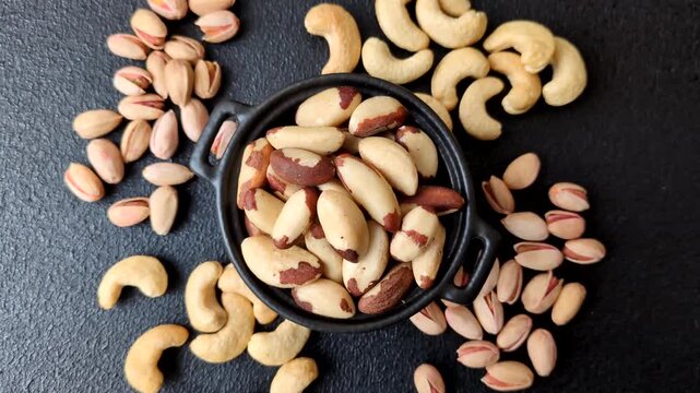 Brazil nuts, raw and shelled, are a source of selenium and a healthy food ingredient. Brazil nuts as a food background for your design
