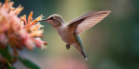 Fototapeta premium Bird hovers near flower in a garden during daytime sunlight