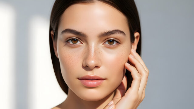 High-end beauty headshot of a beautiful brunette woman with flawless glowing skin and warm brown eyes, posing with hand near face in soft daylight, ideal for luxury dermatology, organic skincare
