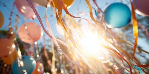 Fototapeta premium Colorful balloons and ribbons celebrate a festival during sunny daytime in an outdoor setting