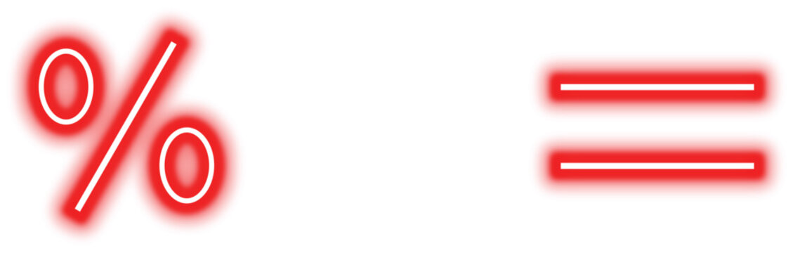 Neon red percentage sign and equal sign on transparent background illustration, graphic design element for web or print