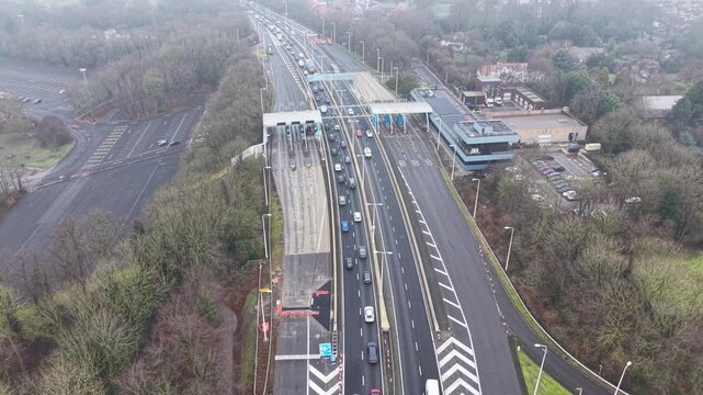 traffic congestion on foggy bridge toll road, Humber Bridge East Yorkshire 