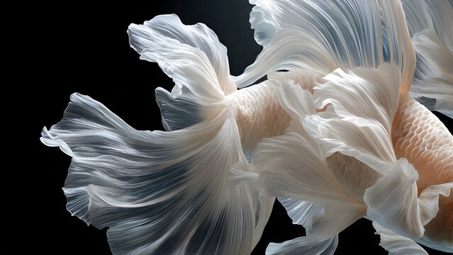 White Siamese Fighting Fish Fins Close-up on Black Background
