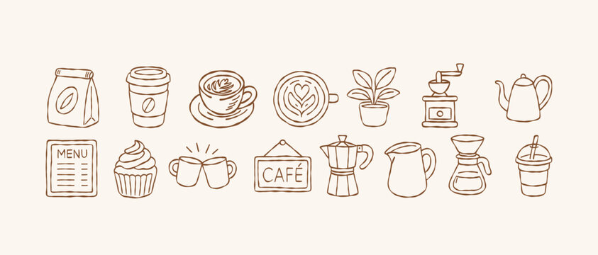 Minimalist coffee element vector set with espresso machine grinder kettle and barista tools in hand drawn doodle line art style for cafe menu design
