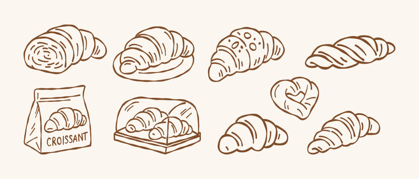 Fresh croissant and assorted pastry vector set in hand drawn doodle line art style for bakery menu cafe breakfast and food branding design