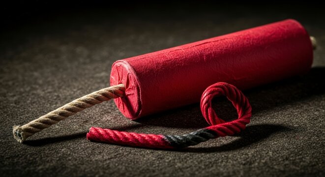 Red Firework on Dark Surface with Fuse.
