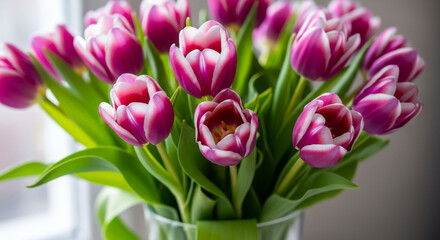 Obraz premium Pink and white tulips bouquet in glass vase, close up spring floral still life