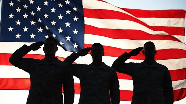 Three soldiers saluting American flag in silhouette outdoors