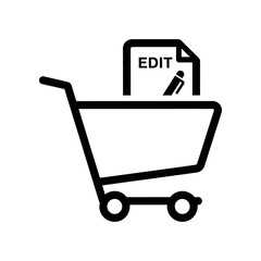 Minimalist black line art shopping cart with edit pencil icon, ideal for online stores, digital marketing, and customizable web graphics.