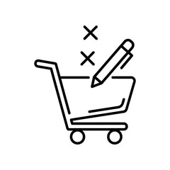 Minimalist black and white line art of a shopping cart marked with red cross error icons, ideal for e-commerce errors, checkout issues, and digital failures.