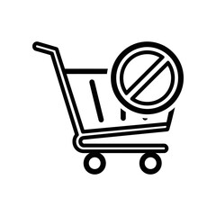 Minimalist black line art of a prohibited shopping cart symbol, ideal for e-commerce, retail restrictions, and digital design projects with clean vector style.