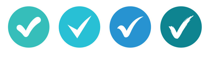 Obraz premium Professional Blue and Teal Check Mark Icon Set for Quality Assurance, Verified Badges, and Approved Tick Sign Symbols in Flat Silhouette Design Isolated on White Background Vector Graphic