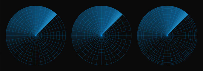 Obraz premium Radar sonar vector, military technology screen. Target ship scan on hud circle bg. Army data ui for submarine signal search compass. Airplane system graphic. Naval radio blue display, crosshair center