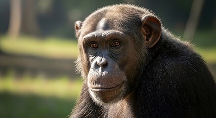 Chimpanzee close-up portrait with gentle expression, natural outdoor setting, bright sunny day
