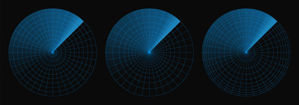 Radar sonar vector, military technology screen. Target ship scan on hud circle bg. Army data ui for submarine signal search compass. Airplane system graphic. Naval radio blue display, crosshair center