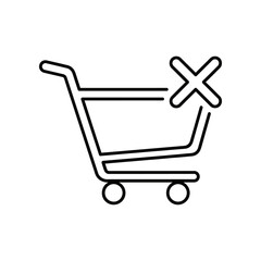Minimalist vector illustration of a crossed-out shopping cart icon, ideal for e-commerce, no purchase, or unavailable product designs.
