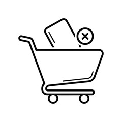 A minimalist line art illustration of a shopping cart with a product and a rejection symbol, on a clean white background.