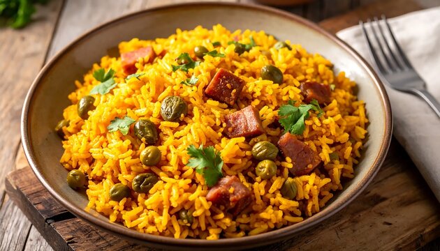 Overhead view of arroz con gandules, Puerto Rico's national dish featuring yellow rice cooked with pigeon peas, ham, olives, and sofrito