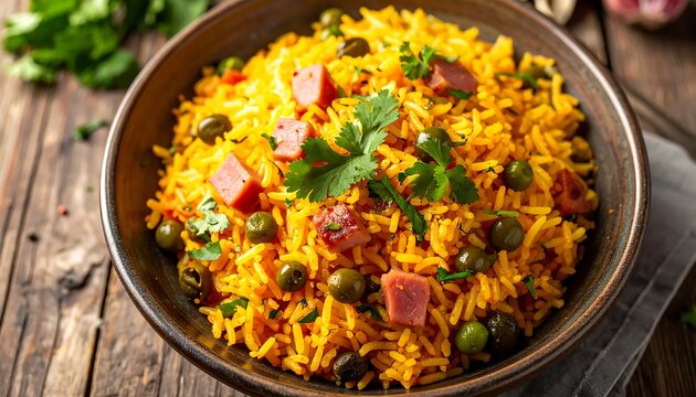 Overhead view of arroz con gandules, Puerto Rico's national dish featuring yellow rice cooked with pigeon peas, ham, olives, and sofrito