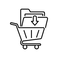 Minimalistic shopping cart icon with download arrow, perfect for e-commerce and digital marketing visuals.