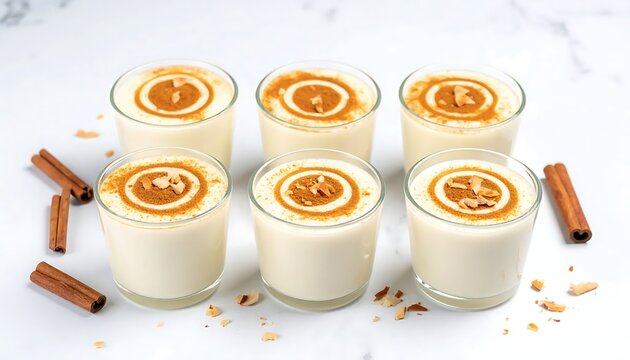 Overhead view of tembleque, traditional Puerto Rican coconut milk pudding dusted with cinnamon