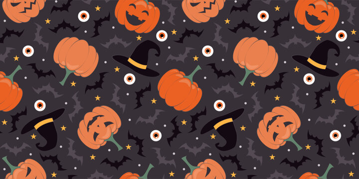 Halloween seamless pattern with pumpkins and bats. Vector illustration