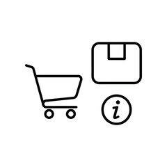 Simple line icons of a shopping cart, folder, and information symbol on a clean white background, perfect for e-commerce and digital design.