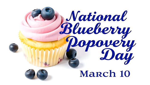 "National Blueberry Popover Day March 10" beside a pink-frosted cupcake and blueberries, 8k image