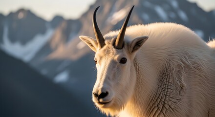 Majestic mountain goat with thick white fur and sharp horns perched on rocky cliff in alpine landscape