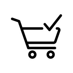 Minimalist black shopping cart with green checkmark symbolizing purchase approval, e-commerce success, and online shopping completion in flat vector style.