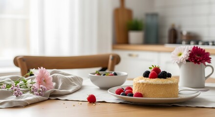 Mother's Day: Berry Cake Dessert on Kitchen Table with Flowers