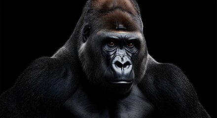 Striking close-up portrait of a gorilla with dark fur against a black backdrop, powerful presence