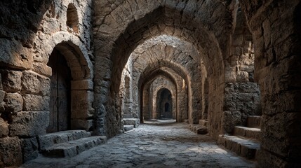 Obraz premium Atmospheric stone passageway inside a historic fortress with rough stone walls and arched openings letting natural light inside.