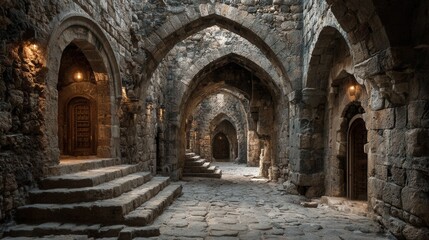 Fototapeta premium Atmospheric stone passageway inside a historic fortress with rough stone walls and arched openings letting natural light inside.