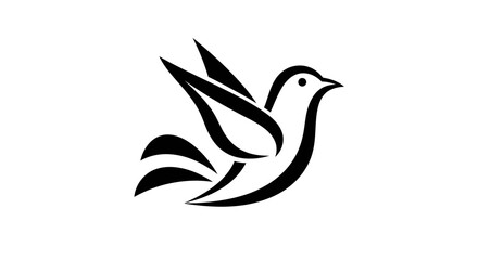 Obraz premium Elegant minimalist black line art illustration depicting a flying bird, possibly a dove, with graceful wings and tail feathers against a clean white background.