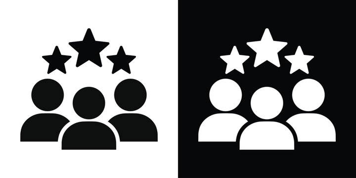 Icon showing three people with three stars above them. Represents expert team, professional staff, or customer satisfaction. Professional group ranking symbol for business websites and apps.