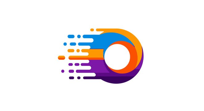 Abstract colorful logo design with dynamic speed lines flowing into a central circle, representing motion and digital progress.